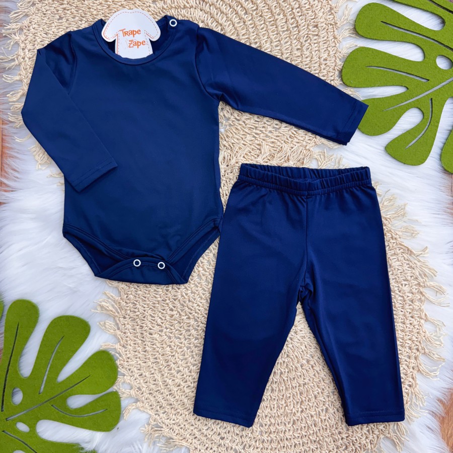 Conj. Body Manga Longa e Calça em Malha Térmica com Proteção UV50+- Marinho